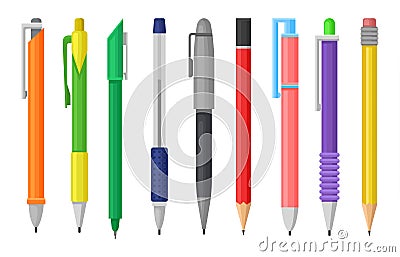 Flat vector set of colorful pens and pencils. Stationery supply. School or office tools for writing and drawing Vector Illustration