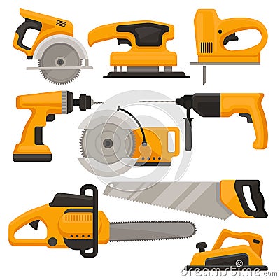 Flat vector set of construction tools. Different saws, jack plane, hammer drill and sanding machine, Building equipment Vector Illustration