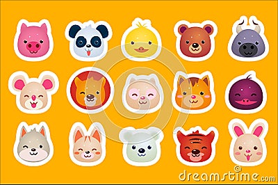 Flat vector set of cute animal faces pig, panda, duck, bear, bull, mouse, fox, cat, wolf, tiger and bunny. Design for Vector Illustration