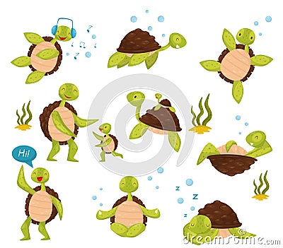 Flat vector set of cute turtles in different actions swimming, listening music, relaxing, saying Hi, meditating in lotus Vector Illustration