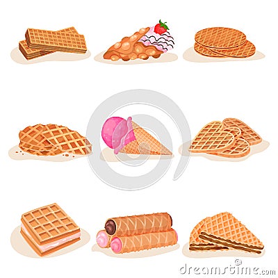 Flat vector set of delicious waffle desserts. Tasty ice-cream, sweet snacks for breakfast. Street fast food Vector Illustration