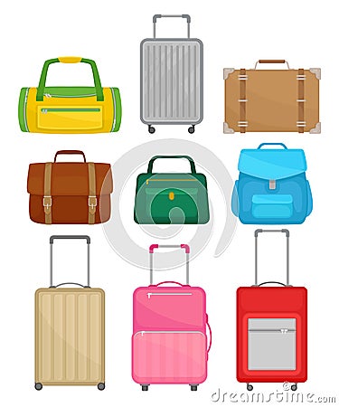 Flat vector set of different bags. Women handbag, leather briefcase, backpack, traveler suitcases on wheels, duffel bag Vector Illustration