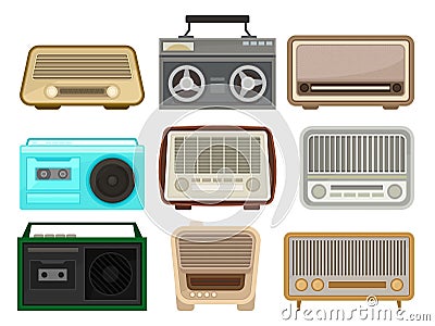 Flat vector set of different retro radio and tape recorders. Vintage music players. Elements for mobile app Vector Illustration