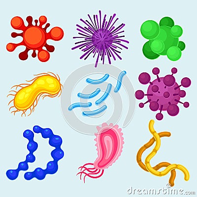 Flat vector set of different types of microorganisms. Disease-causing viruses. Objects related to science and Vector Illustration