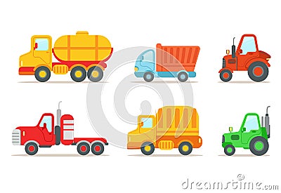 Flat vector set of different types of vehicles. Semi trailer, tractors, lorry, truck with tank. Transport or car theme Vector Illustration