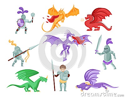 Flat vector set of dragons and medieval knights. Warriors in iron armor. Mythical monsters with large wings Vector Illustration
