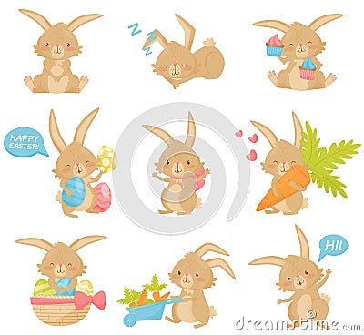 Flat vector set of Easter rabbit in different actions. Adorable brown bunny with long ears and short tail Vector Illustration