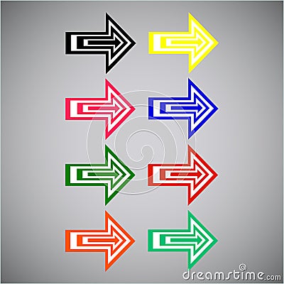 Flat Vector: Set of eight simple multi-colored arrows. Vector Illustration