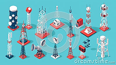Flat vector set featuring various telecom towers and radio communication structures Stock Photo
