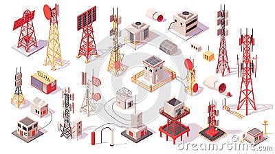 Flat vector set featuring various telecom towers and radio communication structures Stock Photo