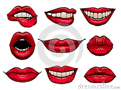 Flat vector set of female lips with bright red lipstick. Icons of women s mouths. Design for print, mobile app, sticker Vector Illustration