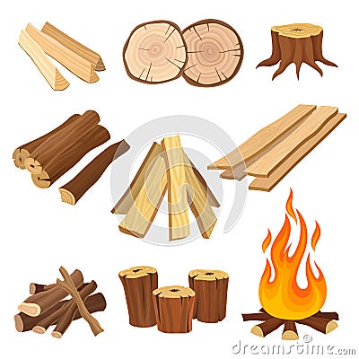 Flat vector set of firewood. Logs and flame, tree stumps, wooden planks. Organic material, natural texture. Wood Vector Illustration