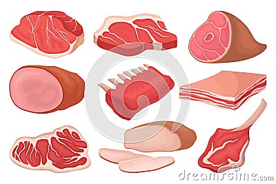 Flat vector set of fresh meat products. Food icons. Raw beef, pork, ribs of lamb, smoked ham and lard Vector Illustration