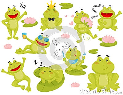 Flat vector set of frog in different actions. Cartoon character of funny green toad Vector Illustration