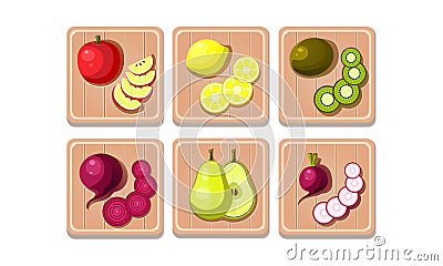 Flat vector set of fruits and vegetables on wooden boards. Sweet apple, lemon, kiwi and pear. Ripe beetroot and radish Vector Illustration
