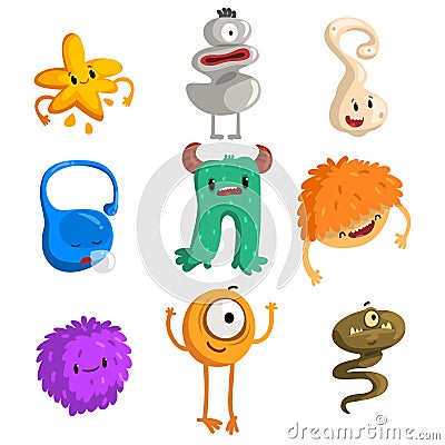 Flat vector set of funny little monsters. Cartoon fantastic creatures for children book, mobile game, print or postcard Vector Illustration