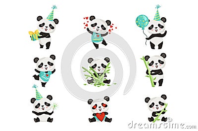 Flat vector set of funny little panda in various situations. Cartoon character of cute bamboo bear. Graphic design for Vector Illustration