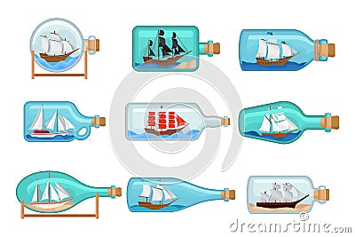 Flat vector set of glass bottles with ships inside. Sailing crafts. Miniature models of marine vessels. Hobby and sea Vector Illustration
