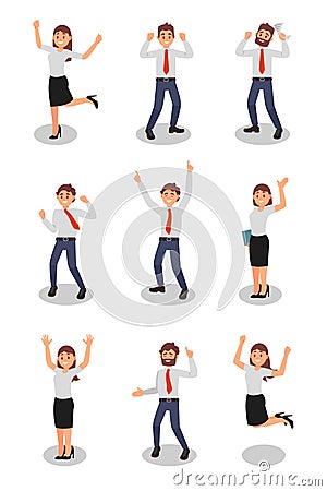 Flat vector set of happy office workers in different actions. Young girls and guys in formal outfit. Young businessmen Vector Illustration