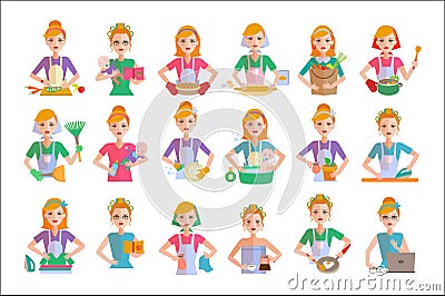 Flat vector set of housewife icons. Woman doing housework cooking, shopping, taking care of baby, cleaning, ironing Vector Illustration