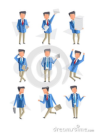 Flat vector set of icons with businessman. Office worker talking on phone, carrying stack of paper, running with Vector Illustration