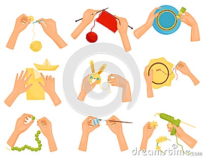 Flat vector set of icons showing different hobbies. Hands doing handmade crafts. Knitting, decorating, painting, sewing Vector Illustration