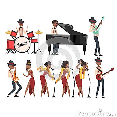 Flat vector set of jazz artists characters isolated on white. Black man playing drums, grand piano, electric guitar, and Vector Illustration