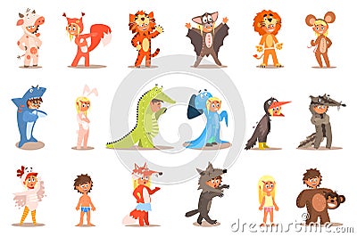 Flat vector set of kids in carnival costumes cow, squirrel, tiger, bat, lion, mouse, shark, hare, crocodile, octopus Vector Illustration