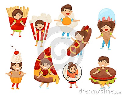 Flat vector set of kids in food costumes. Cute boys and girls with happy face expressions. Children in carnival outfit Vector Illustration