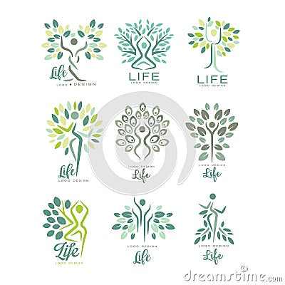 Flat vector set of life logo templates with silhouettes of human and green leaves. Abstract emblems for yoga studio Vector Illustration