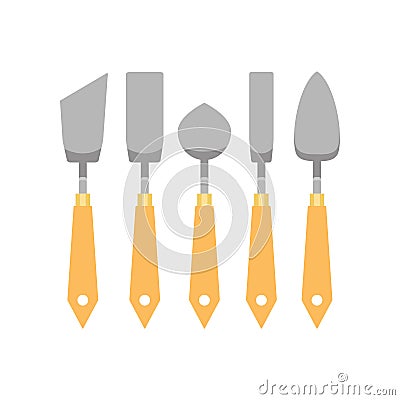 Flat vector set of metallic trowels different shapes for archaeological excavations. Working tools with wooden handles Vector Illustration