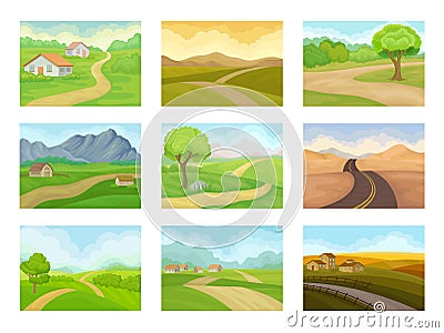 Flat vector set of natural landscapes with road, green meadows, houses and mountains. Outdoor scenery Vector Illustration