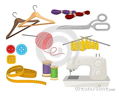Flat vector set of objects related to sewing and knitting theme. Dressmaking instruments and materials Vector Illustration