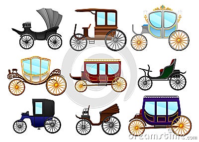 Flat vector set of old horse-drawn carriages. Vintage vehicles for passengers. Royal coach Vector Illustration