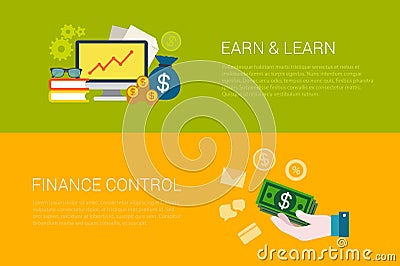 Flat vector set of online earn learn finance control web banners Vector Illustration