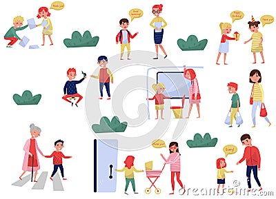 Flat vector set of polite children in different situations. Kids with good manners. Little boys and girls helping adults Vector Illustration