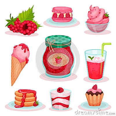 Flat vector set of raspberry food and drink. Ice-cream, jar of jam, fresh cocktail and tasty desserts. Elements for menu Vector Illustration