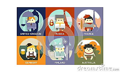 Flat vector set of representatives of different countries. People in national clothes with traditional attributes Vector Illustration
