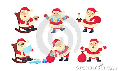 Flat vector set of Santa Claus in different actions. Bag with Christmas gifts, letters, sweet cookies, colorful garland Vector Illustration