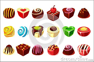 Flat vector set of tasty candies with various filling. Delicious chocolate sweets in different shapes ball, heart, cube Vector Illustration
