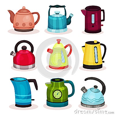 Flat vector set of tea kettles. Kitchen utensils. Home appliance for boiling water. Elements for advertising of Vector Illustration