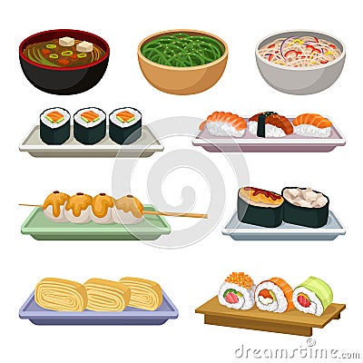 Flat vector set of traditional Japanese food. Soups, rice balls on wooden stick and different kinds of sushi. Delicious Vector Illustration