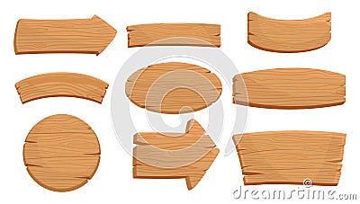 Flat vector set of various wooden signboards and direction arrows. Natural texture. Signs with place for your messages Vector Illustration