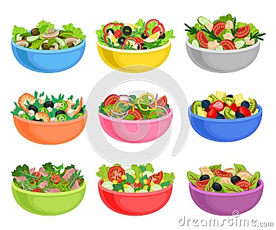 Flat vector set of vegetable and fruit salads. Appetizing dishes from fresh products. Organic and healthy food Vector Illustration