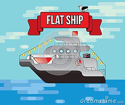 Flat vector ship, Sea transport, illustration, cruise transports tourists Vector Illustration