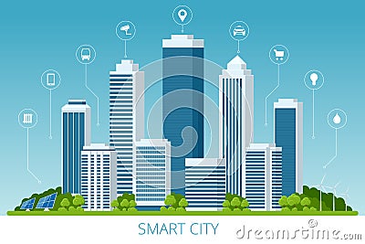 Flat vector smart city and communication network. Wifi, internet, communication, travel, computer and kinds of Vector Illustration