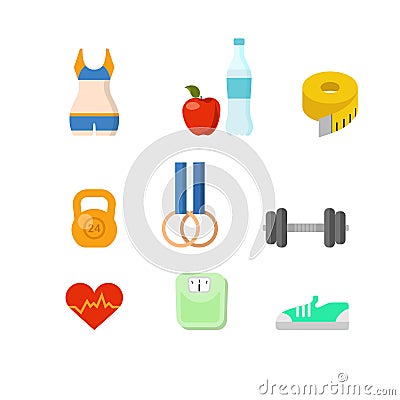 Flat vector sports fitness tools health exercise web app weight Vector Illustration