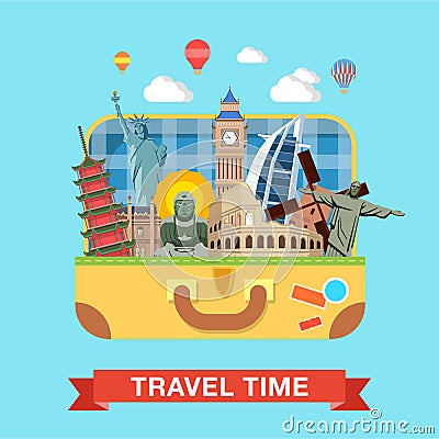 Flat vector suitcase famous sights landmarks travel tourism Vector Illustration