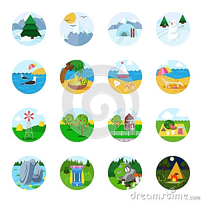 Flat vector travel tourism icon set: beach mountain snow sea Vector Illustration