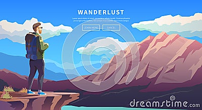 Flat vector travel web banner. Wanderlust. Vector Illustration